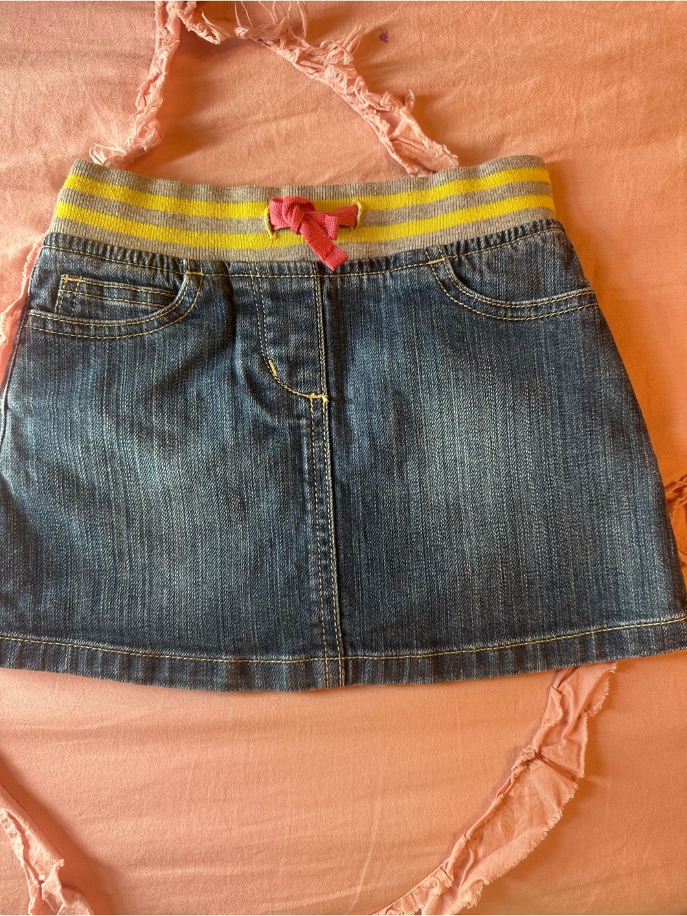 Mini Boden Blue Denim Skirt with Yellow Stripe Waistband and Pink Drawstring